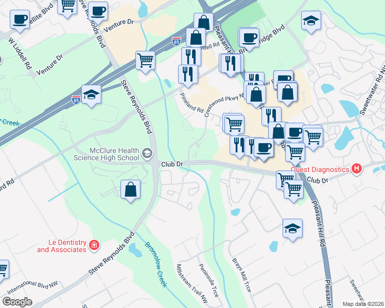 map of restaurants, bars, coffee shops, grocery stores, and more near 1666 Southgate Mill Drive in Duluth