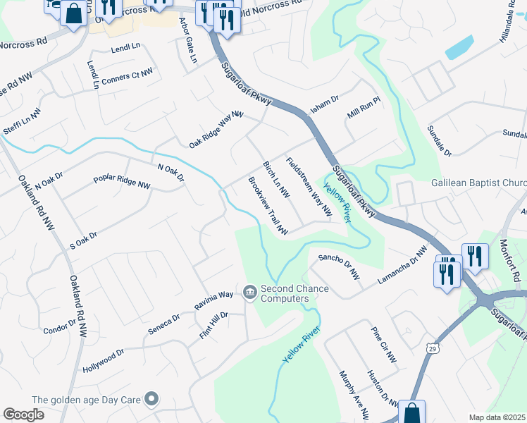 map of restaurants, bars, coffee shops, grocery stores, and more near 527 Brookview Trail Northwest in Lawrenceville
