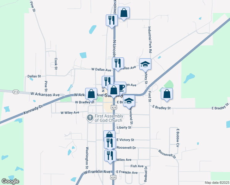 map of restaurants, bars, coffee shops, grocery stores, and more near 102 North Lincoln Avenue in Star City