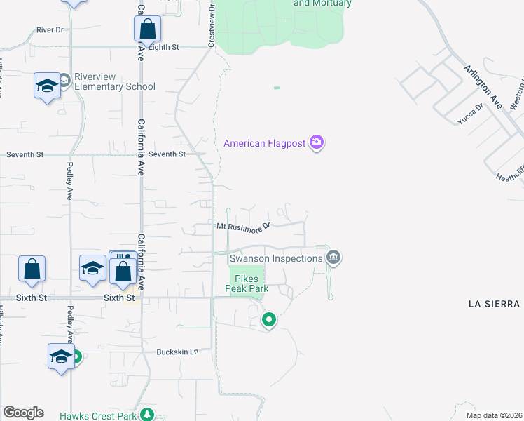 map of restaurants, bars, coffee shops, grocery stores, and more near 4180 Mount Baldy Court in Norco