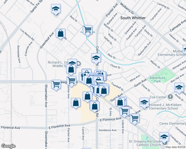 map of restaurants, bars, coffee shops, grocery stores, and more near 10060 Laurel Avenue in Whittier