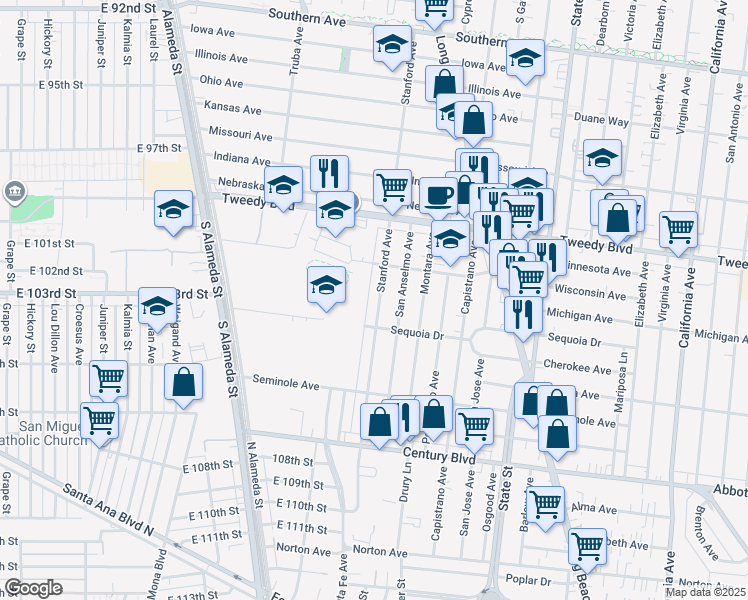 map of restaurants, bars, coffee shops, grocery stores, and more near 10133 Stanford Avenue in South Gate