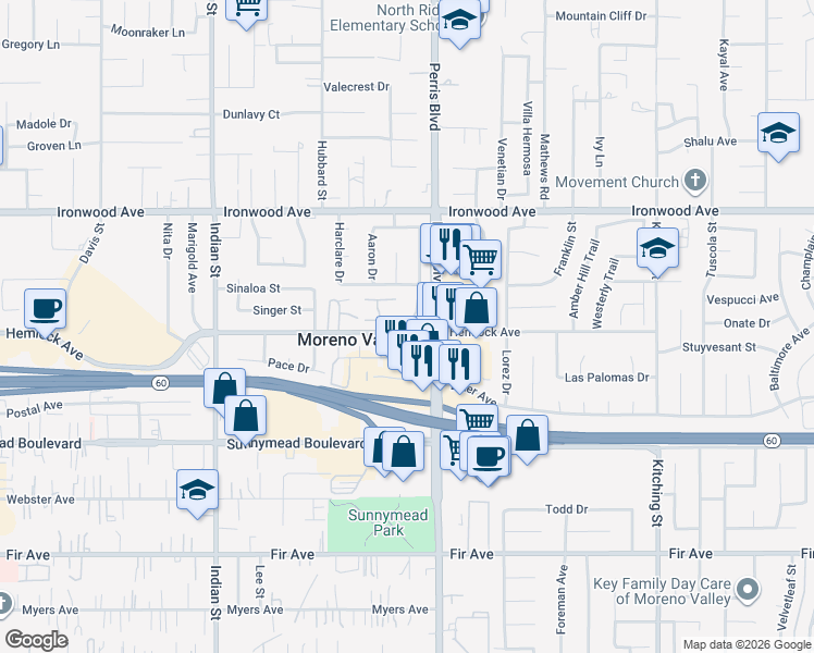 map of restaurants, bars, coffee shops, grocery stores, and more near 12241 Carnation Lane in Moreno Valley