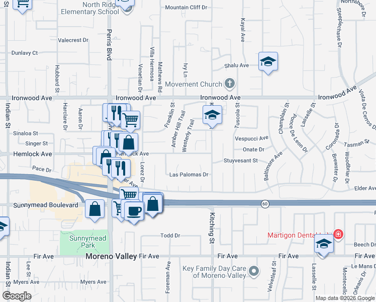 map of restaurants, bars, coffee shops, grocery stores, and more near 12240 Westerly Trail in Moreno Valley