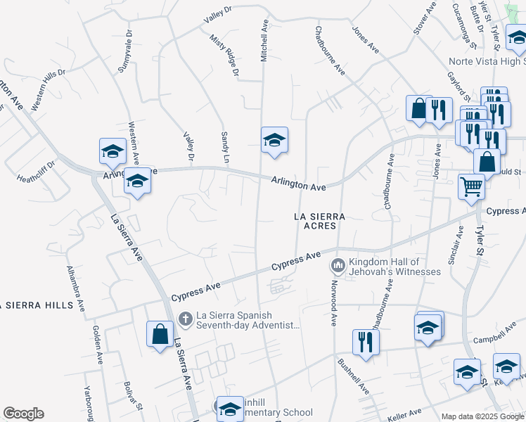 map of restaurants, bars, coffee shops, grocery stores, and more near 6322 Mitchell Avenue in Riverside