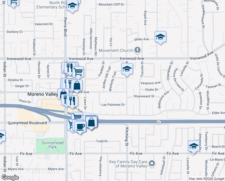 map of restaurants, bars, coffee shops, grocery stores, and more near 12202 Wind River Circle in Moreno Valley