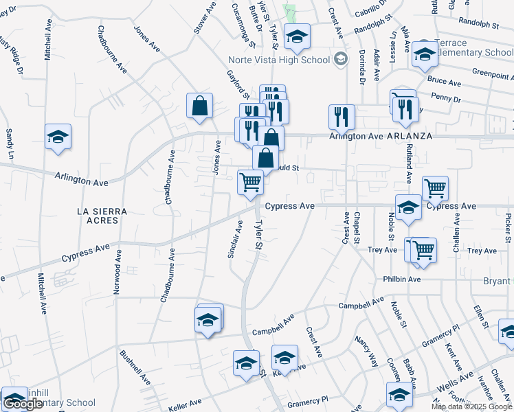 map of restaurants, bars, coffee shops, grocery stores, and more near Tyler St & Cypress Ave in Riverside
