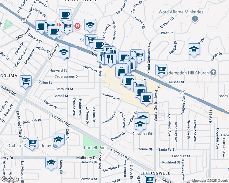 map of restaurants, bars, coffee shops, grocery stores, and more near 15332 Ashley Court in Whittier
