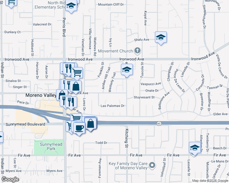 map of restaurants, bars, coffee shops, grocery stores, and more near 12202 Wind River Circle in Moreno Valley