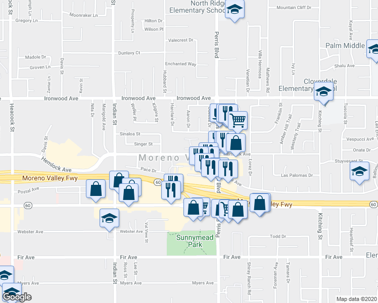 map of restaurants, bars, coffee shops, grocery stores, and more near 12201 Orchid Lane in Moreno Valley