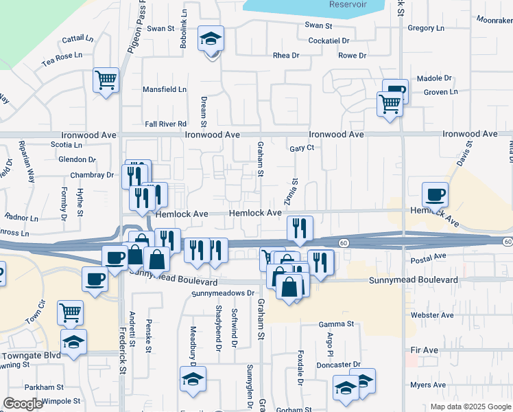 map of restaurants, bars, coffee shops, grocery stores, and more near 23420 Hemlock Avenue in Moreno Valley