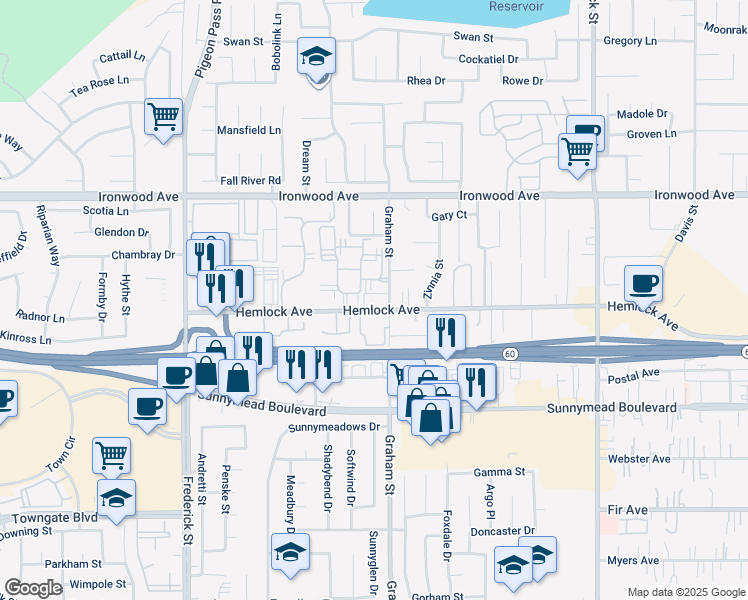 map of restaurants, bars, coffee shops, grocery stores, and more near 23420 Hemlock Avenue in Moreno Valley