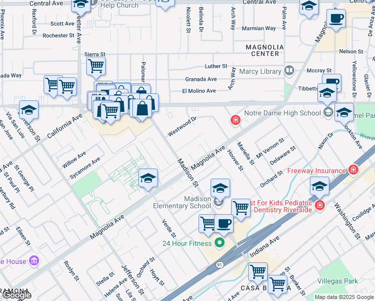 map of restaurants, bars, coffee shops, grocery stores, and more near 7439 Kingsley Way in Riverside