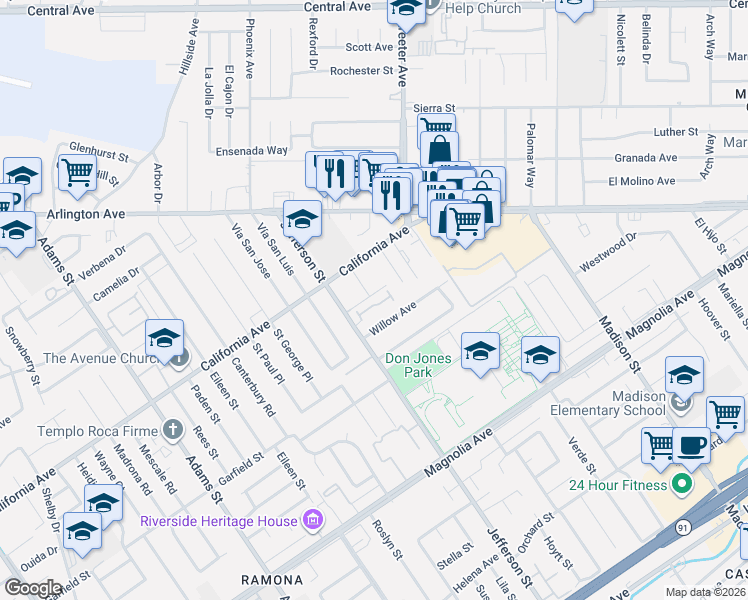 map of restaurants, bars, coffee shops, grocery stores, and more near 7858 California Avenue in Riverside