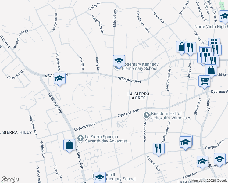 map of restaurants, bars, coffee shops, grocery stores, and more near 6322 Mitchell Avenue in Riverside