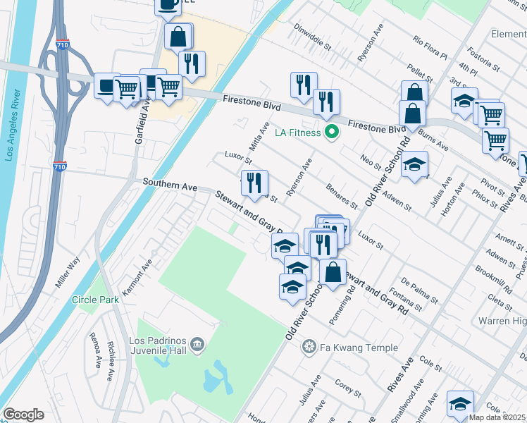 map of restaurants, bars, coffee shops, grocery stores, and more near 7160 De Palma Street in Downey