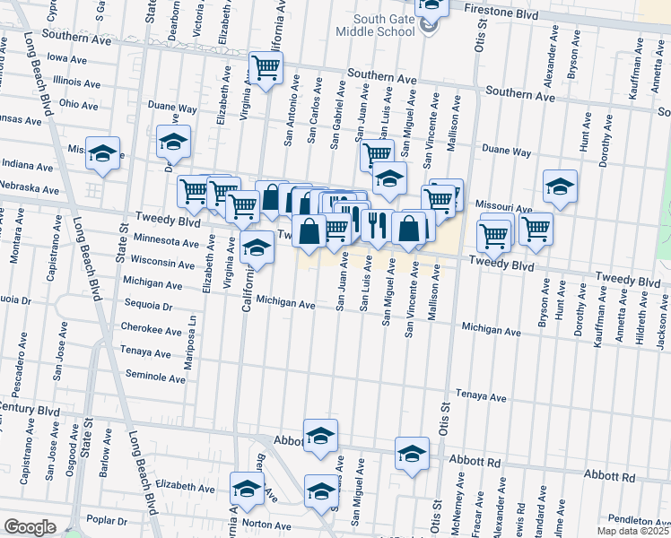 map of restaurants, bars, coffee shops, grocery stores, and more near 9916 San Juan Avenue in South Gate