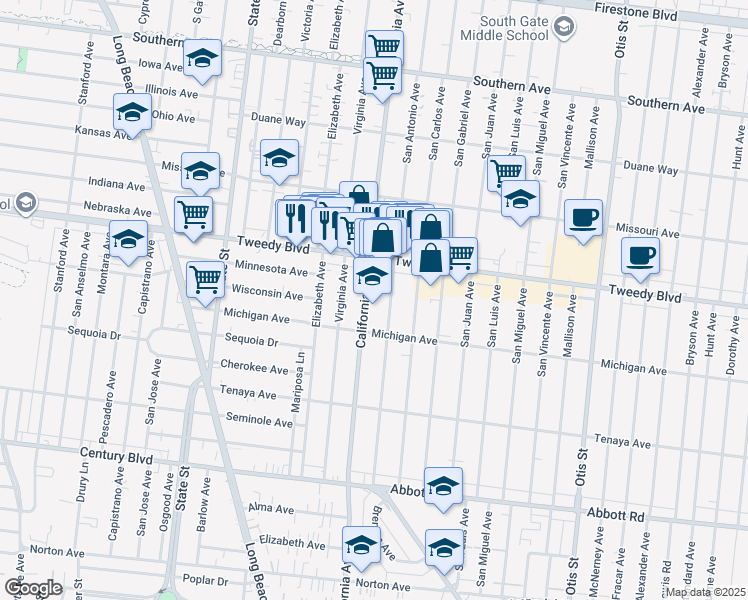map of restaurants, bars, coffee shops, grocery stores, and more near 10000 California Avenue in South Gate