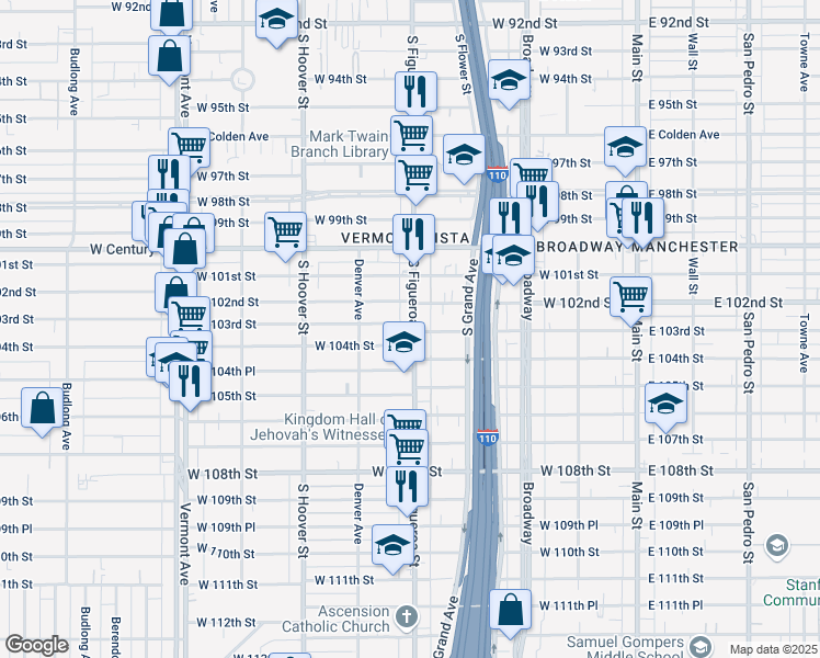 map of restaurants, bars, coffee shops, grocery stores, and more near 10207 South Figueroa Street in Los Angeles