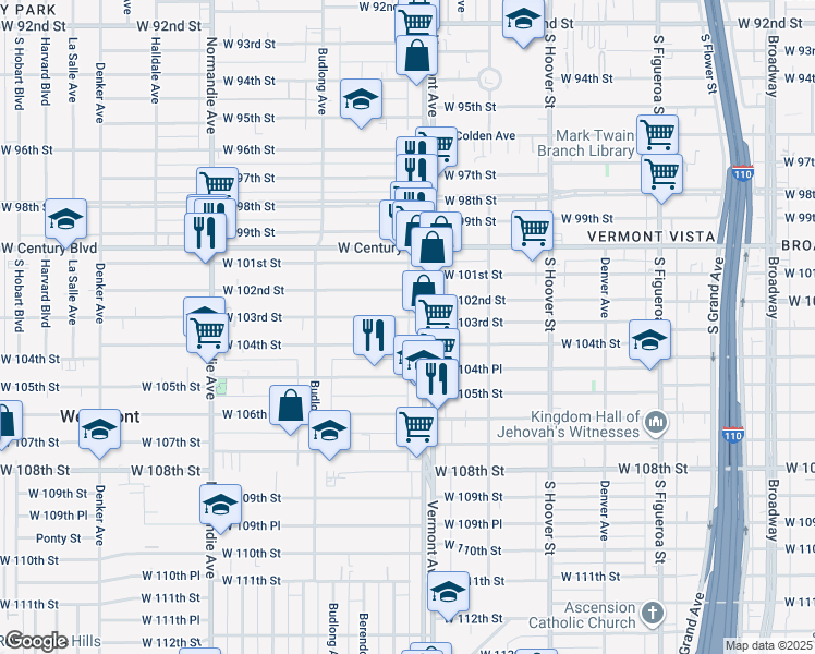 map of restaurants, bars, coffee shops, grocery stores, and more near 1029 West 103rd Street in Los Angeles