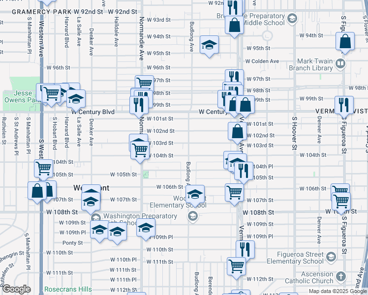 map of restaurants, bars, coffee shops, grocery stores, and more near 10218 Budlong Avenue in Los Angeles