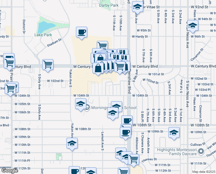 map of restaurants, bars, coffee shops, grocery stores, and more near 10201 Woodworth Avenue in Inglewood