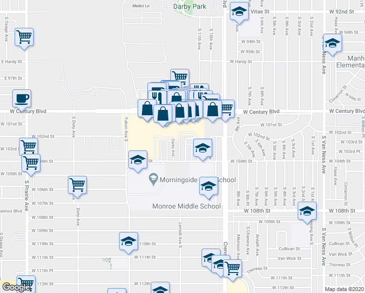 map of restaurants, bars, coffee shops, grocery stores, and more near 10203 England Avenue in Inglewood