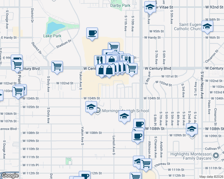 map of restaurants, bars, coffee shops, grocery stores, and more near 10203 England Avenue in Inglewood