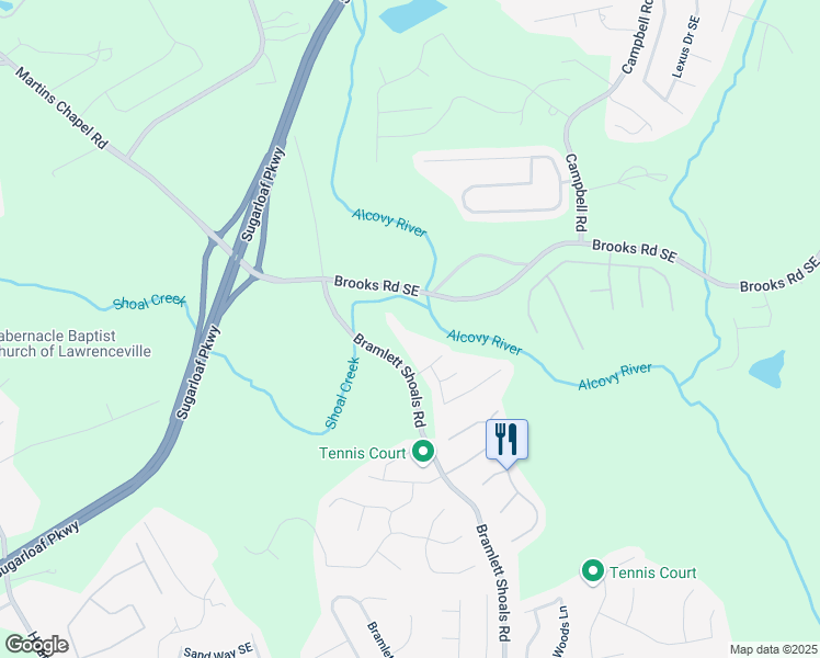 map of restaurants, bars, coffee shops, grocery stores, and more near 1274 Bramlett Shoals Road in Lawrenceville