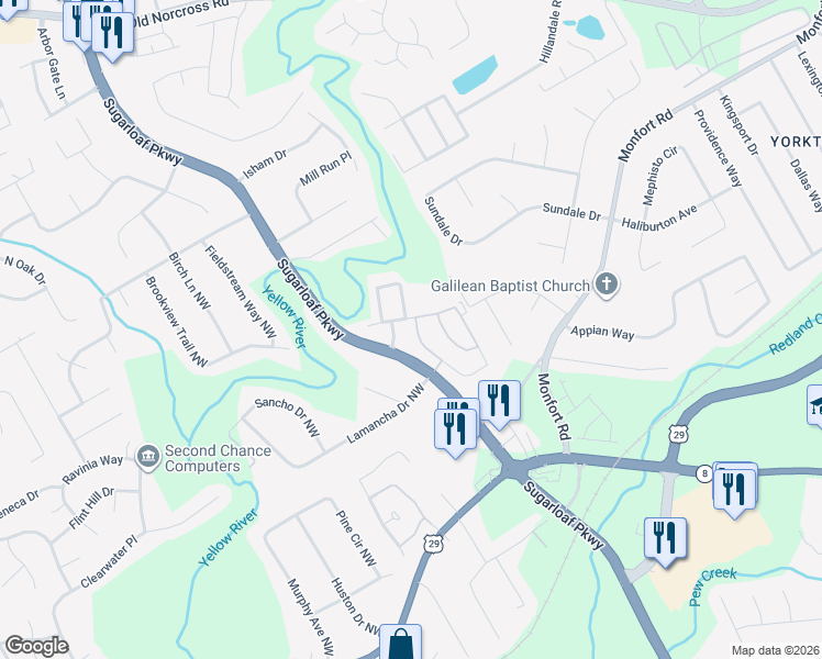 map of restaurants, bars, coffee shops, grocery stores, and more near 898 Parc River Boulevard in Lawrenceville