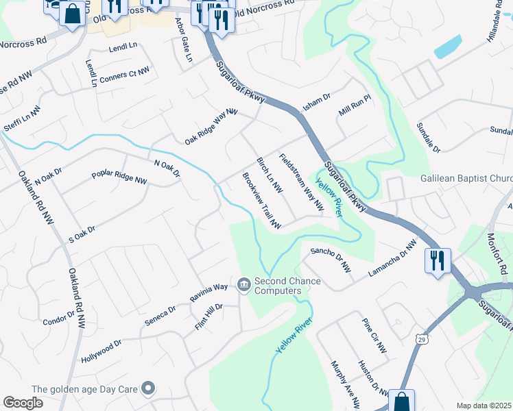 map of restaurants, bars, coffee shops, grocery stores, and more near 527 Brookview Trail Northwest in Lawrenceville