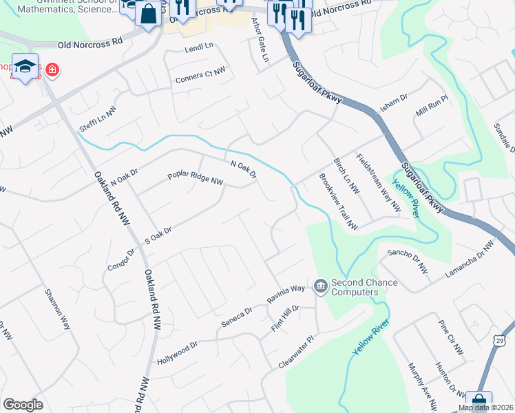 map of restaurants, bars, coffee shops, grocery stores, and more near 1854 Poplar Ridge Northwest in Lawrenceville