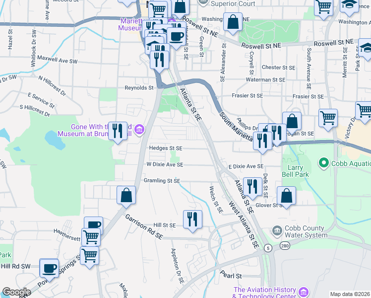 map of restaurants, bars, coffee shops, grocery stores, and more near 181 Hedges Street Southeast in Marietta