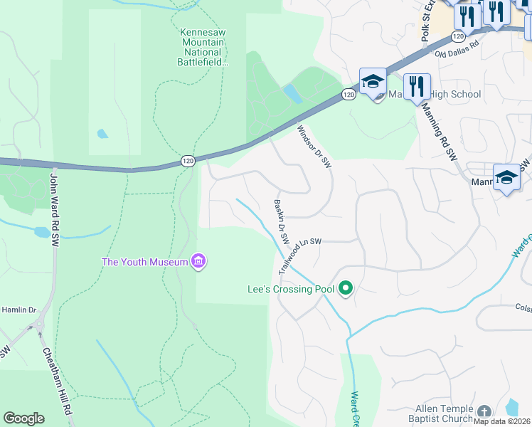 map of restaurants, bars, coffee shops, grocery stores, and more near 391 Hermitage Court in Marietta