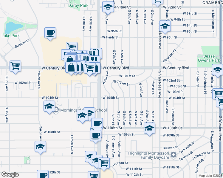 map of restaurants, bars, coffee shops, grocery stores, and more near 10225 South 7th Avenue in Inglewood