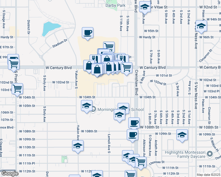 map of restaurants, bars, coffee shops, grocery stores, and more near 10219 England Avenue in Inglewood
