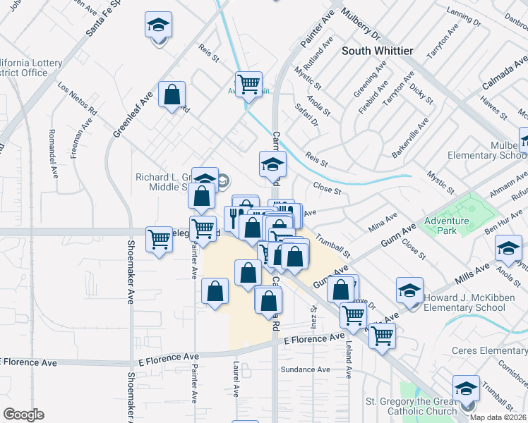 map of restaurants, bars, coffee shops, grocery stores, and more near 10060 Laurel Avenue in Whittier