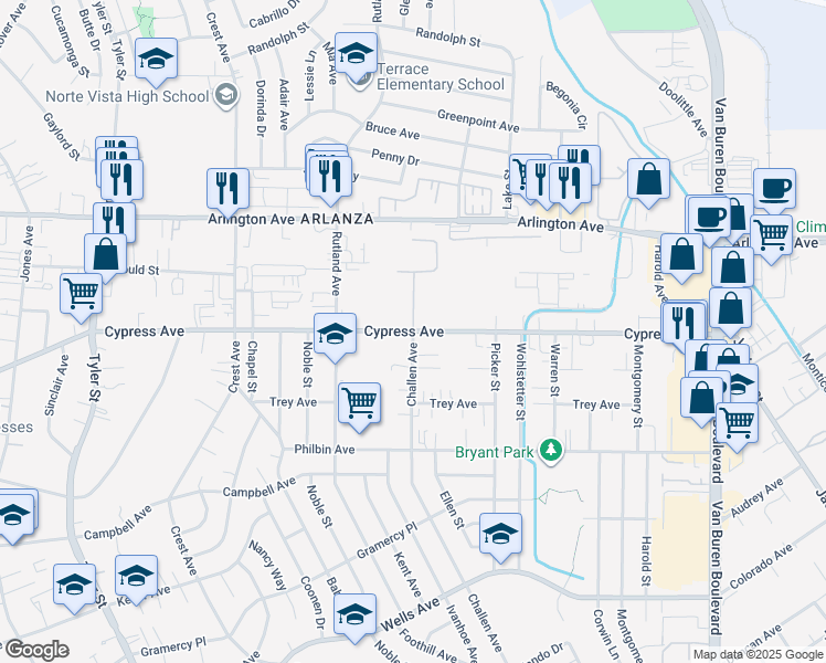 map of restaurants, bars, coffee shops, grocery stores, and more near Cypress Avenue in Riverside
