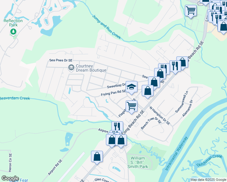 map of restaurants, bars, coffee shops, grocery stores, and more near 4400 Frying Pan Road Southeast in Southport