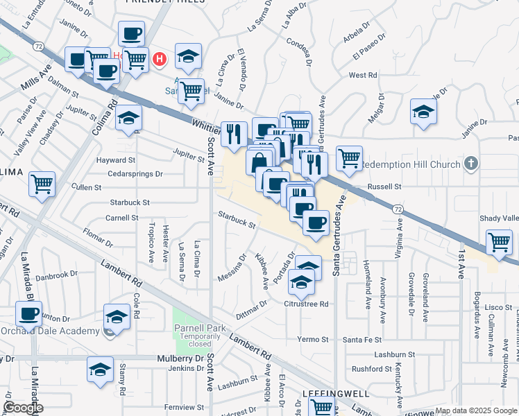 map of restaurants, bars, coffee shops, grocery stores, and more near 15413 Ashley Court in Whittier