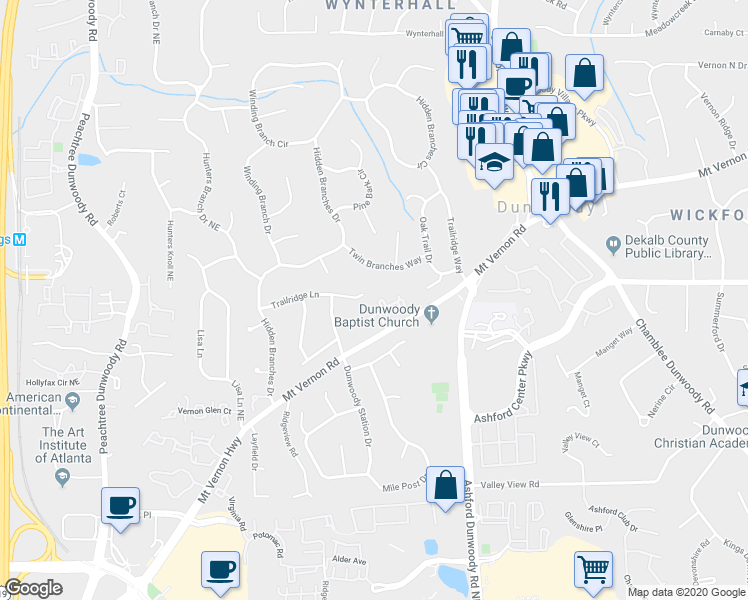 map of restaurants, bars, coffee shops, grocery stores, and more near 1136 Bellewood Square in Dunwoody
