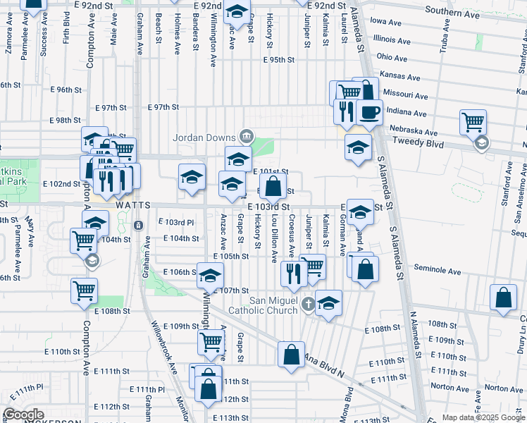 map of restaurants, bars, coffee shops, grocery stores, and more near 2056 East 103rd Street in Los Angeles