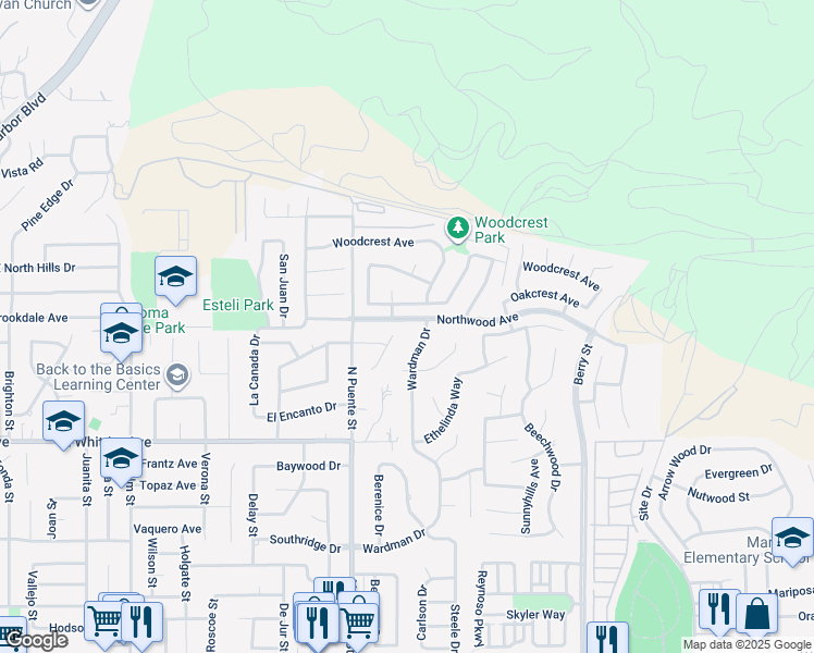 map of restaurants, bars, coffee shops, grocery stores, and more near 976 Northwood Avenue in Brea