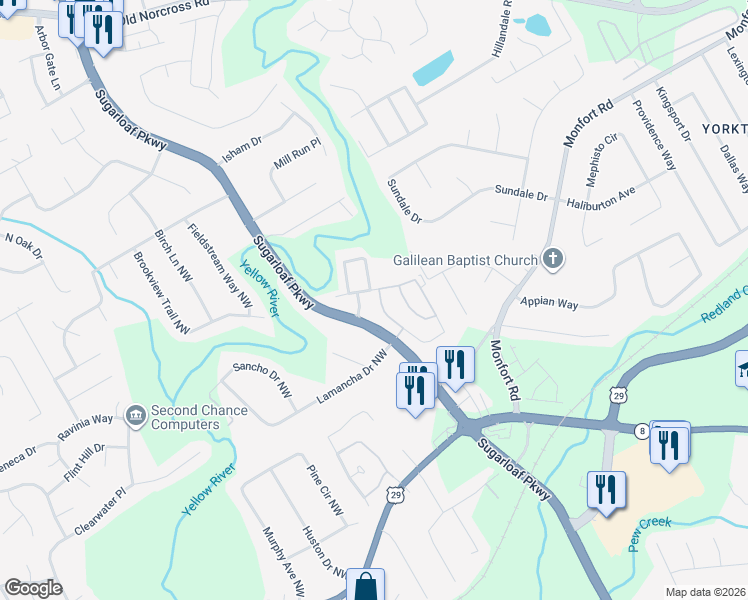 map of restaurants, bars, coffee shops, grocery stores, and more near 898 Parc River Boulevard in Lawrenceville
