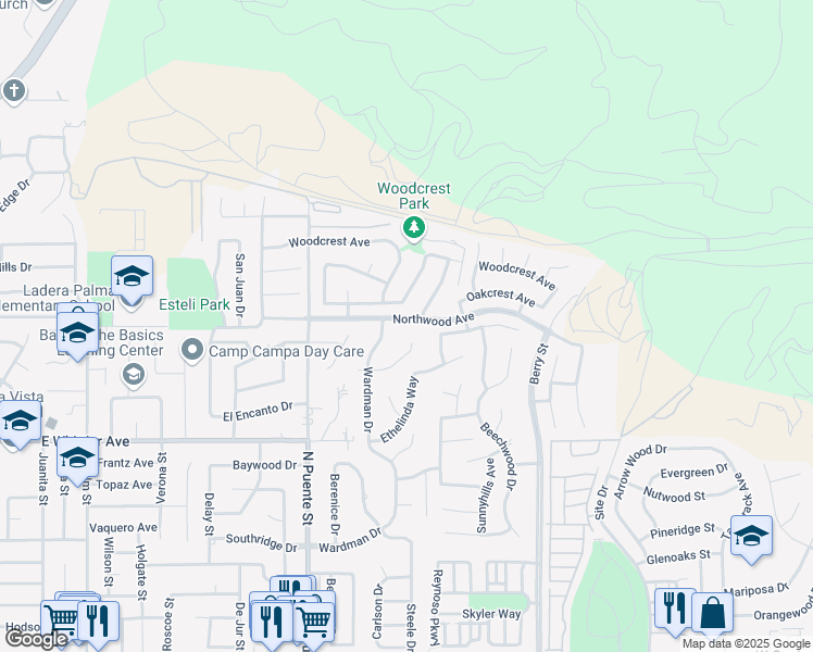 map of restaurants, bars, coffee shops, grocery stores, and more near 896 Northwood Avenue in Brea