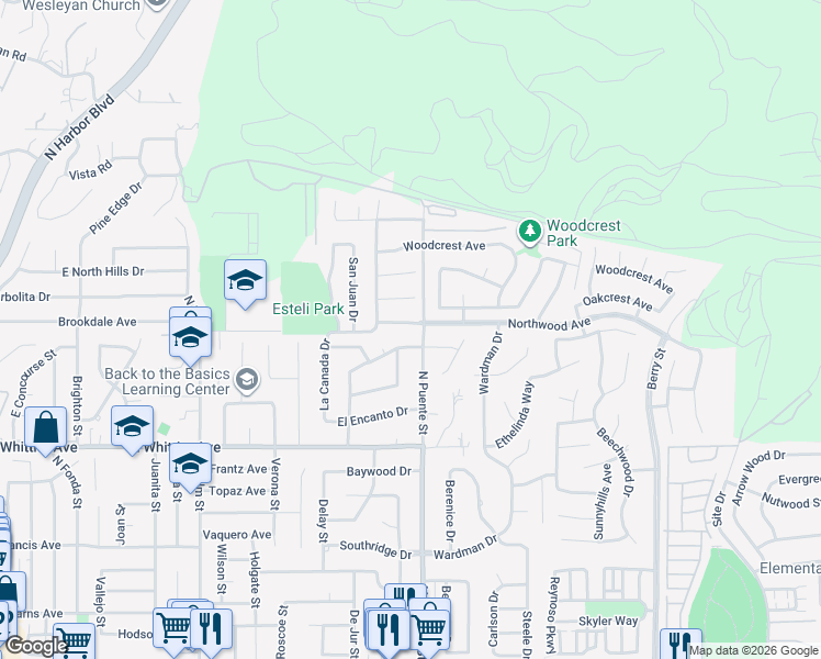 map of restaurants, bars, coffee shops, grocery stores, and more near 1260 Northwood Avenue in Brea