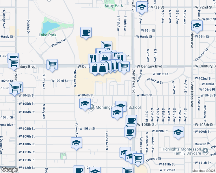 map of restaurants, bars, coffee shops, grocery stores, and more near 10219 England Avenue in Inglewood