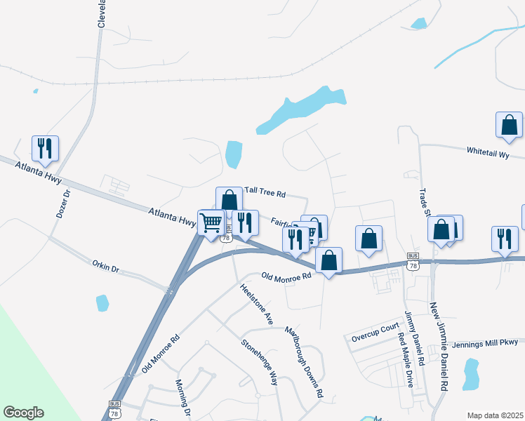 map of restaurants, bars, coffee shops, grocery stores, and more near 166 Fairfield Circle in Bogart