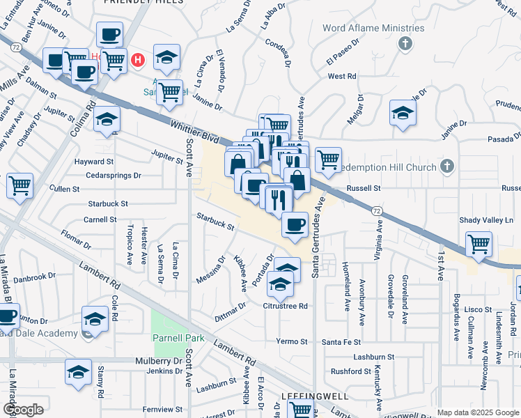 map of restaurants, bars, coffee shops, grocery stores, and more near 15614 Whittwood Lane in Whittier
