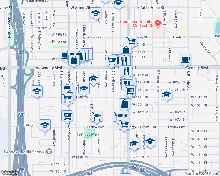 map of restaurants, bars, coffee shops, grocery stores, and more near 10223 South Grevillea Avenue in Inglewood